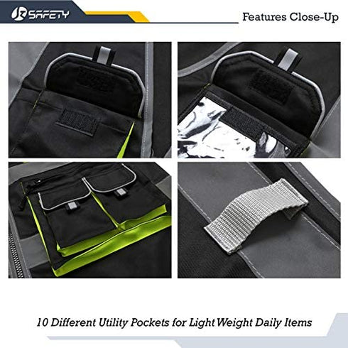JKSafety 10 Pockets High Visibility Zipper Front Black Safety Vest with High Reflective Strips Meets ANSI/ISEA Standards (Medium, 88-Black)