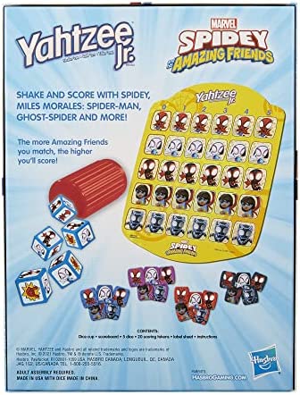 Spidey and His Amazing Friends Yahtzee Jr. Marvel Edition Board Game for Kids Ages 4 and Up, Counting and Matching Game for Preschoolers (Amazon Exclusive)