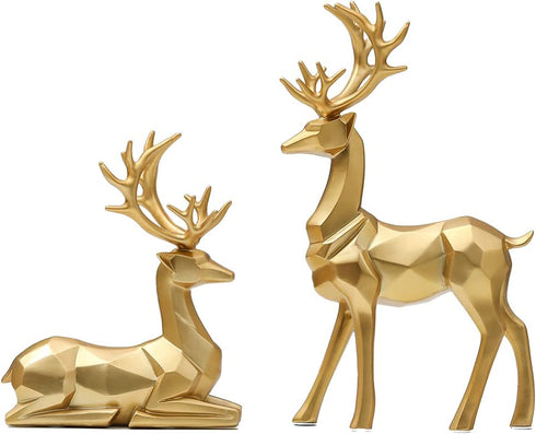 Nordic Resin Geometric Elk Sculpture Sitting Standing Deer Statues Christmas Reindeer Home Decor for Living Room TV Cabinet Wine Cabinet Gifts 2 PCS (Gold)