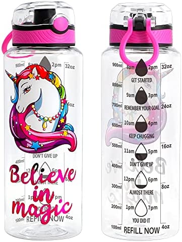 Home Tune 30oz Water Drinking Bottle - Tritan BPA Free, Chug Spout, Push-Button Flip Lid, Time Marker, Lightweight, Leak-Proof Water Bottle with Cute Print Design for Girls & Boys