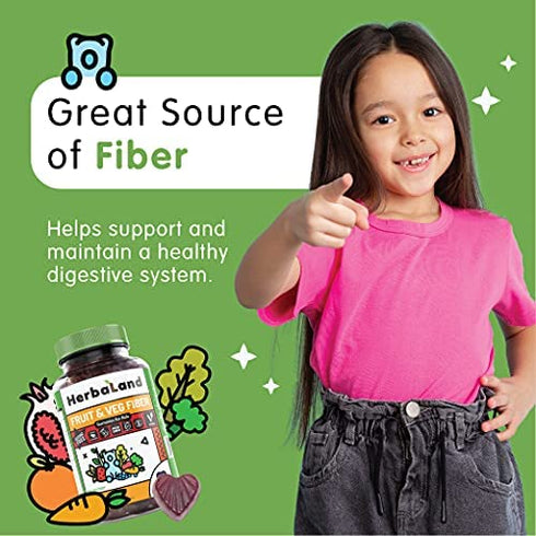 Herbaland Vegan Fruit & Veg Fiber Gummies for Kids - Sugar-Free, Gluten-Free, Gut Health Supplements, Organic, Natural Dietary Supplement, Healthy Digestive System - Black Currant Flavor, 60 Count