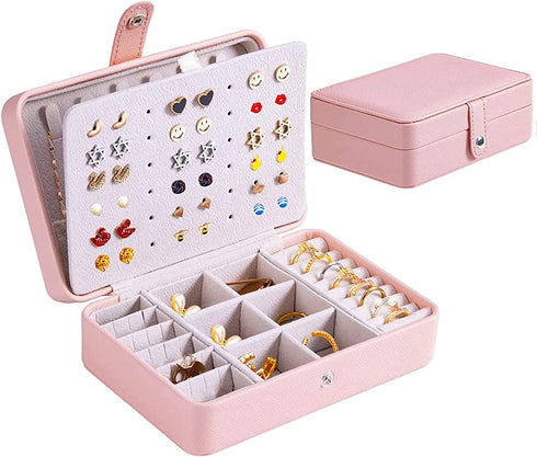Travel Jewelry Organizer for Women, QBestry PU Leather Travel Jewelry Case Portable Mini Jewelry Box Organizer Storage Small Travel Necklace Earring Holder Organizer for Girls Christmas Birthday Gift, Light Pink