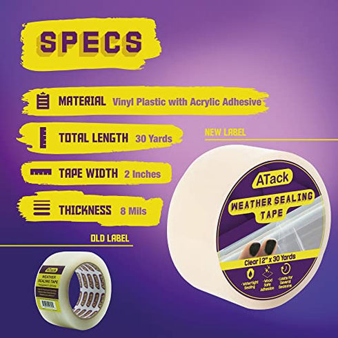ATack Transparent Window Weather Sealing Tape, 2-Inch x 30 Yards, Clear Window Draft Isolation Sealing Film Tape- No Residue, Surface-Safe, Wood-Safe, Removes Cleanly