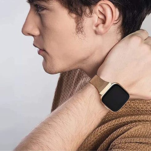 2 Pack Metal Silm Bands for Fitbit Versa 2 & Fitbit Versa & Versa Lite & Versa SE, Stainless Steel Metal Clasp Thin Replacement Bands for Versa 2 Women Men (For 6.7"-8.7" Wrists, Rose Pink+Rose Gold)