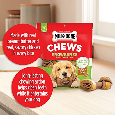 Milk-Bone Gnaw Bones Rawhide Free Dog Chew Treats, Peanut Butter & Chicken, 3 Large Knotted Bones