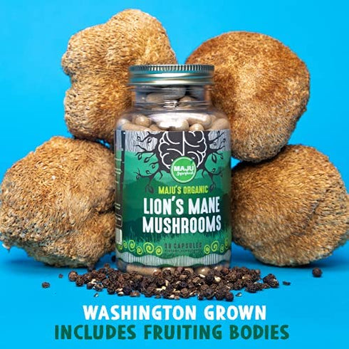 MAJU Organic Lions Mane Mushroom Capsules 90ct, Fruiting Bodies Steam Extract, Organic Mushrooms w/ Black Pepper Extract, Hericium Erinaceus