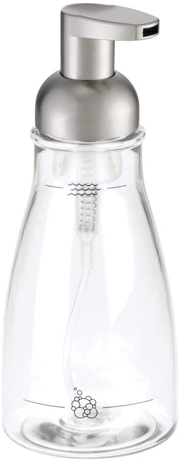 iDesign Slate-3 x 7.5 inches, InterDesign Plastic Foaming Soap Pump Dispenser Holds 14 oz. for Kitchen, Bathroom, Sink, Vanity, 3" x 3" x 7.5", Clear and Brushed Nickel, One Size Fits