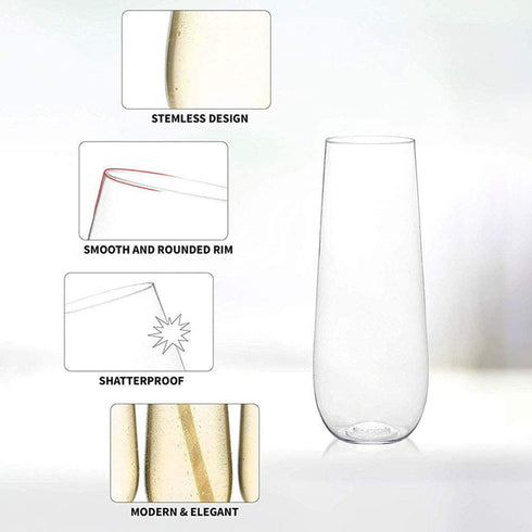 24 Pack Stemless Plastic Champagne Flutes 9 Ounce | Unbreakable Disposable Clear Toasting Glasses | Shatterproof Recyclable for Wedding/Party (PET)