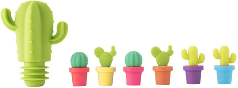 TrueZoo Cactus Wine Glass Charms and Drink Markers with Bottle Stopper Set, Silicone, Multicolor, Set of 7