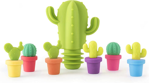 TrueZoo Cactus Wine Glass Charms and Drink Markers with Bottle Stopper Set, Silicone, Multicolor, Set of 7