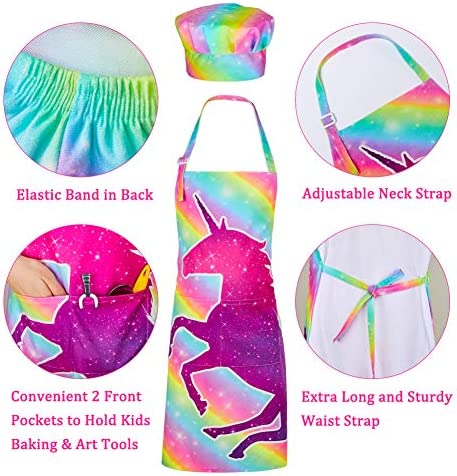 MHJY Kids Apron Chef Hat Set,Cooking Kitchen Apron for Girls Boys Adjustable Child Apron with Pockets