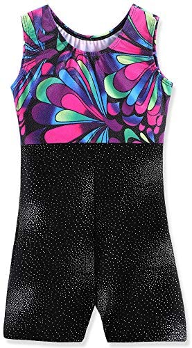 Leotards for Girls Gymnastics with Shorts Sparkle Butterfly Flowers Pattern Sleeveless Biketards Hotpink Black