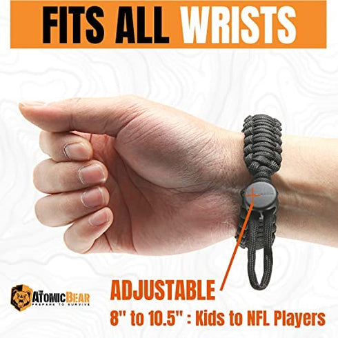 Atomic Bear Paracord Bracelet (2 Pack) - Adjustable - Fire Starter - Loud Whistle - Perfect for Hiking, Camping, Fishing and Hunting - Black & Black+Orange