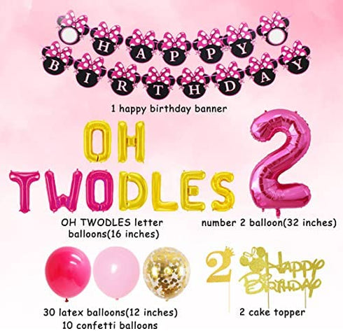 Cartoon Mouse Theme 2nd Birthday Decorations for Girls, Oh Twodles Number 2 Foil Balloon, Happy Birthday Banner and Cartoon Mouse Theme Cake Topper for Mouse Second Birthday Party Supplies
