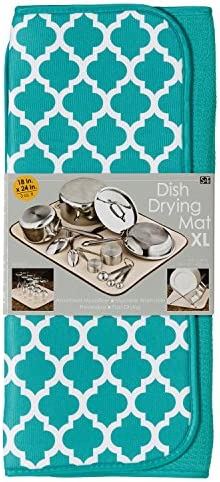 S&T INC. Absorbent, Reversible XL Microfiber Dish Drying Mat for Kitchen, 18 Inch x 24 Inch, Teal Trellis