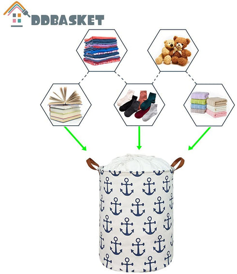 DDBASKET Large Laundry Basket with Lid Collapsible Toy Storage Bin Drawstring Baby Clothes Hamper with Handles for Kids,Boys and Girls,Nursery Hamper(Blue anchor)