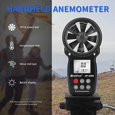 HoldPeak 866B Digital Anemometer Handheld Wind Speed Meter for Measuring Wind Speed, Temperature and Wind Chill with Backlight and Max/Min