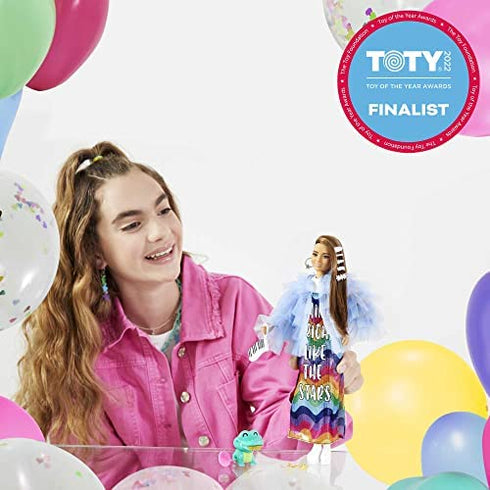 Barbie Extra Doll #9 in Blue Ruffled Jacket with Pet Crocodile, Long Brunette Hair with Bling Hair Clips, Layered Outfit & Accessories, Multiple Flexible Joints, Gift for Kids 3 Years Old & Up , White