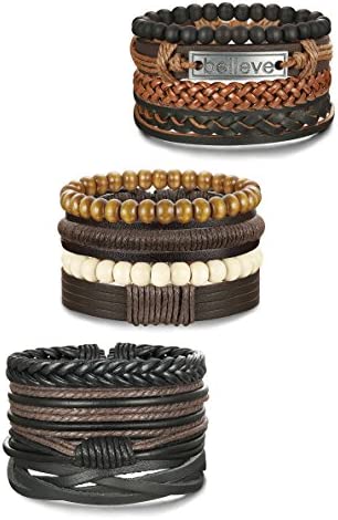 Jstyle 12Pcs Braided Bracelet for Men Beaded Bracelets Wrap Leather Wooden Bracelets Adjustable