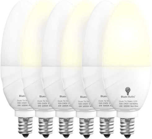 6 Pack Bluex Dusk to Dawn LED Bulbs, 6W E12 Base Light Bulb - 65W Equivalent – 3000K WarmLight White - Smart Light Sensor Candelabra Bulb, Home Security Indoor, Outdoor, Driveway, Yard, Porch Lighting