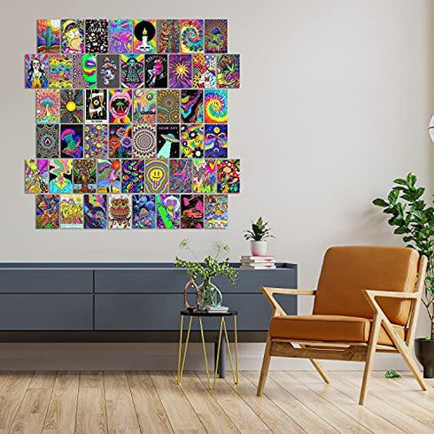 Woonkit Trippy Room Decor, Indie Room Decor, Hippie Room Decor, Indie Hippie Trippy Posters, Teen Wall Bedroom Dorm Aesthetic Poster, Photo Wall Collage Kit Pictures, Psychedelic Posters, 50PCS 4X6 INCH