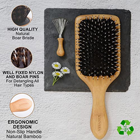 Boar Bristle Hair Brush Men Detangling Hair Brushes for Women Mens Paddle Brush Bamboo Wooden Bore Natural Hairbrush for Shine Soft Fine Hair Reduce Frizz Dry Improve Hair Texture