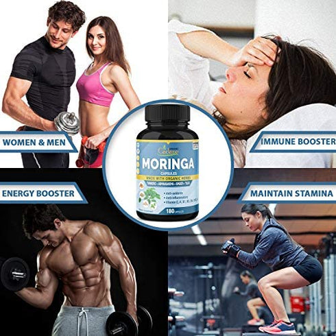 Organic Moringa Extract Capsules equivalent to 6450mg, 6 Months Supply & Ashwagandha, Tulsi, Ginger, Turmeric| Energy Booster, Immune Support| Multi Vitamin Oleifera Leaf|Antioxidant Inflammatory Herb