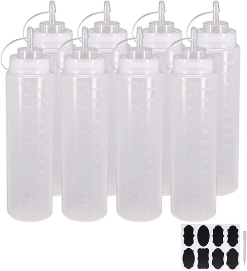 Belinlen 8 Pack 24 oz Plastic Squeeze Squirt Condiment Bottles with Twist On Cap Lids - Perfect for Condiments, Oil, Icing, LiquidsSet of 8 with extra 8 Chalk Labels and 1 Pen