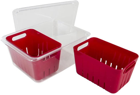 Kitchen Spaces KSDCB12-AMZ Twin Colander Stackable Food Storage Organizer for Fridge, Freezer, and Pantry, 8.8" x 6.8" x 3.9", Red & Clear