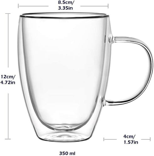 2-Pack 12 Oz Double Walled Glass Coffee Mugs with Handle,Insulated Layer Coffee Cups,Clear Borosilicate Glass Mugs,Perfect for Cappuccino,Tea,Latte,Espresso,Hot Beverage,Wine,Microwave Safe