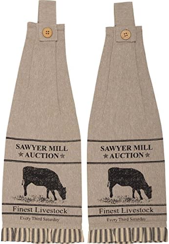 VHC Brands Sawyer Mill Cow Nature Print Chambray Cotton Farmhouse Tabletop Kitchen Fabric Loop Stenciled Runner, Towel Set 6.5x18, Khaki Tan