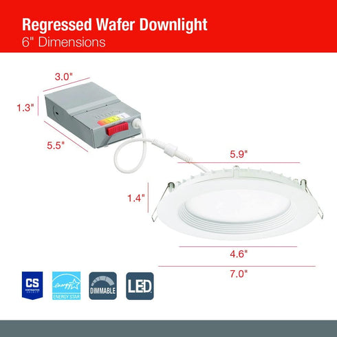 Juno WF6 REG SWW5 90CRI MW M6 Round Baffle LED Downlight, 120 Volts, 2700K/3000K/3500K/4000K/5000K, Triac Dimming, 6-Inch Regressed Lens, Matte White