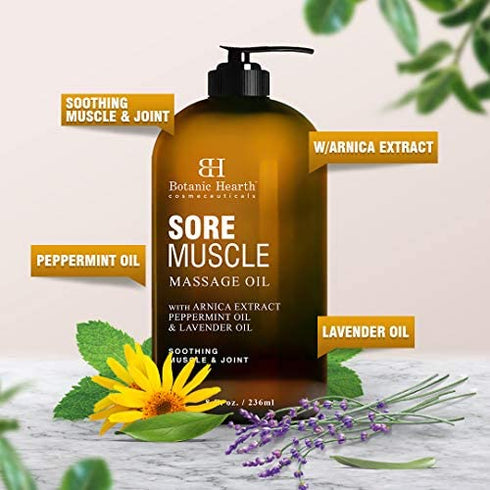 BOTANIC HEARTH Sore Muscle Massage Oil - with Arnica Montana Extract and Essential Oils - Warming and Relaxing - Soothes Tired Sore Muscles and Joint Pain, 8 fl oz