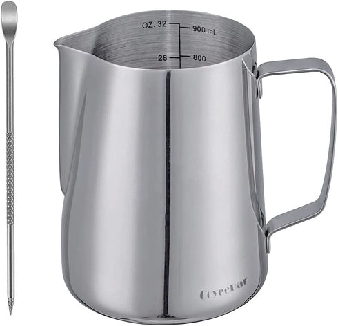 CoyeeBar Large Steaming Pitcher 32 oz For 2-3 Servings Espresso Milk Pitcher with Accurate Measurements Milk Frother Cup Large Size ,Espresso Milk Frothing Pitcher 30 oz with Latte Pen