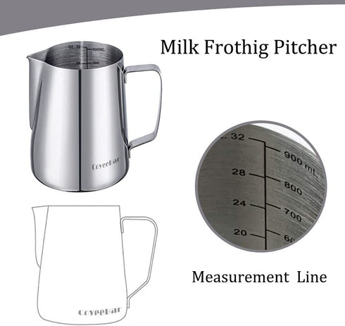CoyeeBar Large Steaming Pitcher 32 oz For 2-3 Servings Espresso Milk Pitcher with Accurate Measurements Milk Frother Cup Large Size ,Espresso Milk Frothing Pitcher 30 oz with Latte Pen