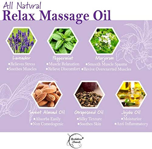 Relax Therapeutic Body Massage Oil - with Best Essential Oils for Sore Muscles & Stiffness – Lavender, Peppermint & Marjoram - All Natural - with Sweet Almond, Grapeseed & Jojoba Oil 8oz