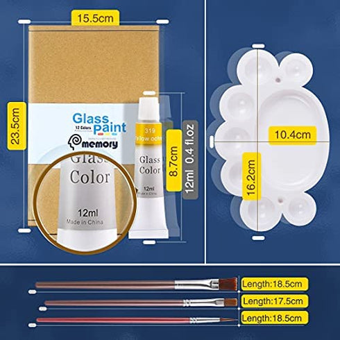 COLORFUL Stain Glass Paint Kit with 12 Colors, 3 Nylon Brushes, 1 Palette, Waterproof Acrylic Enamel Painting Set to Create Translucent Arts on Transparent Wine Glasses, Porcelain, Window and Ceramics