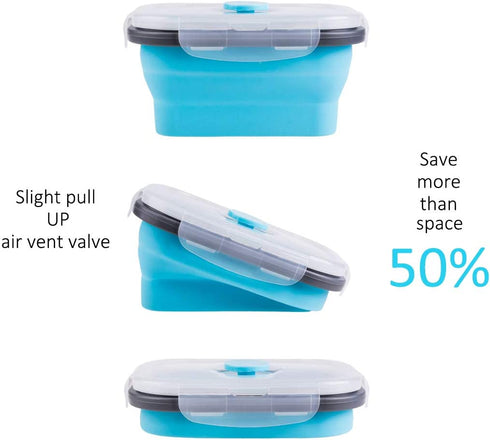Collapsible Food Storage Containers with Airtight Lid and Vent Valve, Stacking Silicone Collapsible Storage Containers for Food, Microwave & Freezer & Dishwasher Safe, Blue, Small, Set of 4