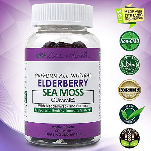 Sambucus Black Elderberry w/Organic Irish Sea Moss Gel Gummies w/Bladderwrack, Burdock, Vitamin C, D, & Zinc/Immune Support for Adults & Kids- Vegan, Gluten-Free, Kosher, Non-GMO Apple Flavor 60 ct