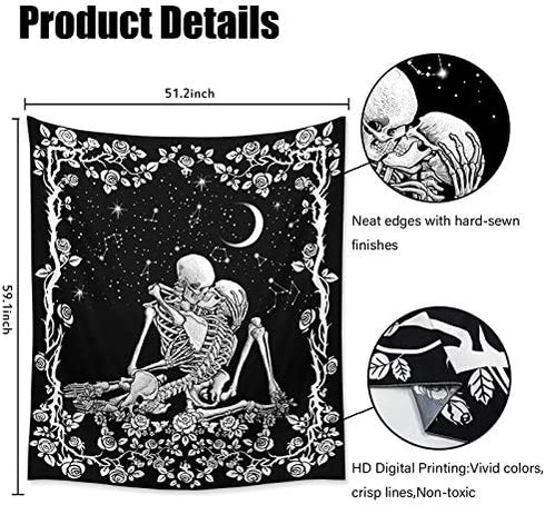 Wonrizon The Lovers Skull Tapestry,Black and White Romantic Constellation Skeleton Tapestries Wall Hanging decor for Living Room Bedroom (51.2”x 59.1”)