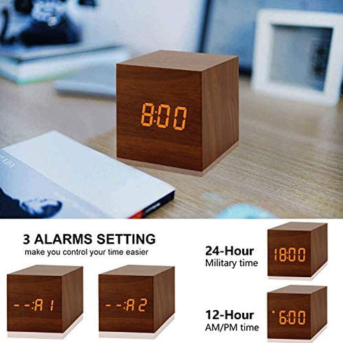 Digital Alarm Clock, with Wooden Electronic LED Time Display, 3 Alarm, 2.5-inch Cubic Small Mini Wood Made Electric Clocks for Bedroom, Bedside, Desk, Brown