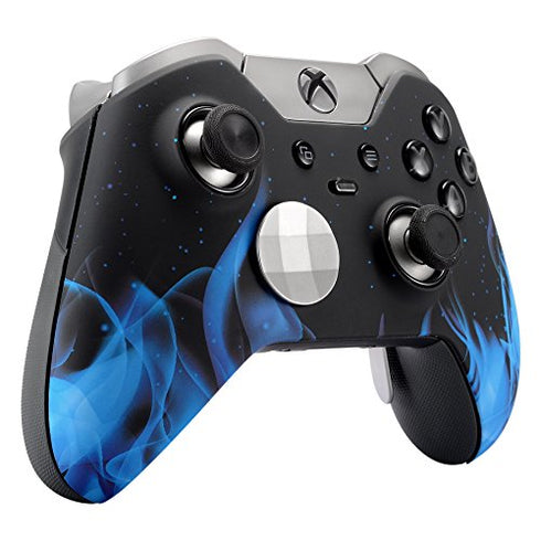 eXtremeRate Blue Flame Fire Faceplate Cover, Soft Touch Front Housing Shell Case for Xbox One Elite Controller Model 1698 with Thumbstick Accent Rings - Controller NOT Included