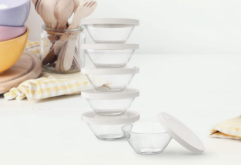 Kook Small Glass Prep Bowls with Lids Set, Clear Mini Food Storage Containers, Microwave & Dishwasher Safe, 7.25 oz, Set of 8