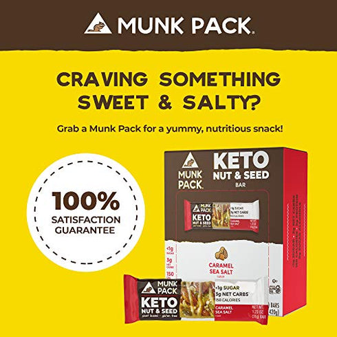 Munk Pack Keto Nut & Seed Bar | Caramel Sea Salt | 4 Bars | Low Carb Keto Snack | Plant Based and Gluten Free Treat | No Added Sugar | Keto Food | Keto Candy Bar | <1g Sugar, 3g Net Carbs,1.23 Ounce (Pack of 4)