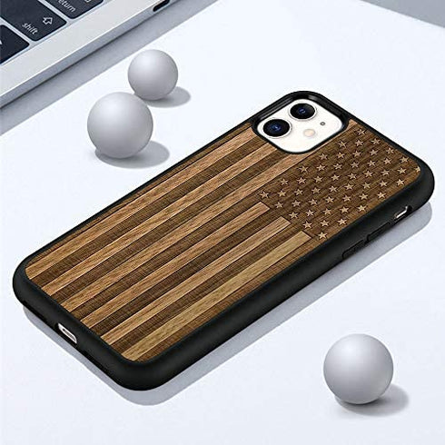 JUBECO iPhone 11 Case Wood,Wooden+Soft TPU Bumper Slim Anti-Shock Cover for iPhone 11 6.1inch (Us Flag)