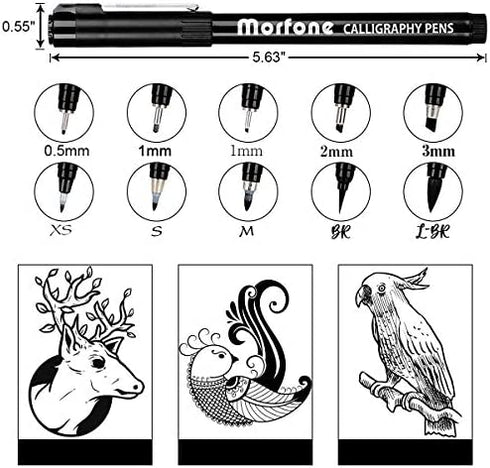 Morfone 10 Size Hand Lettering Pens Calligraphy Brush Pens Black Ink Markers Set Art Kit for Beginners, Hand Writing, Drawing, Sketching, Journaling, Illustrations