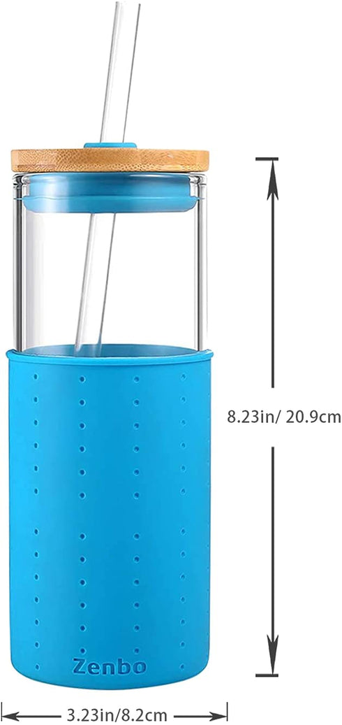 Zenbo Glass Tumbler 24 oz Iced Coffee Cup Smoothie Cups Reusable with straw And Bamboo Lid and Silicone Protective Sleeve