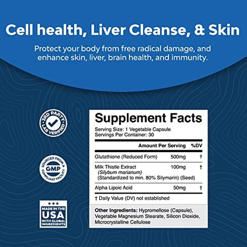 Pure Glutathione Supplement with Glutamic Acid - L Glutathione Pills with Silymarin Milk Thistle Extract ALA and Amino Acid Complex for Liver Support Anti Aging Skin Care Immunity and Brain Health