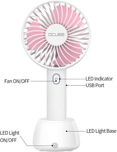 OCUBE Handheld Fan, Mini Hand Held Fan with 7 Color LED Light Base, 2000mAh Battery Operated USB Rechargeable Desk Fan, 3 Speeds Electric Portable Personal Cooling Fan for Home Office Travel (Pink)