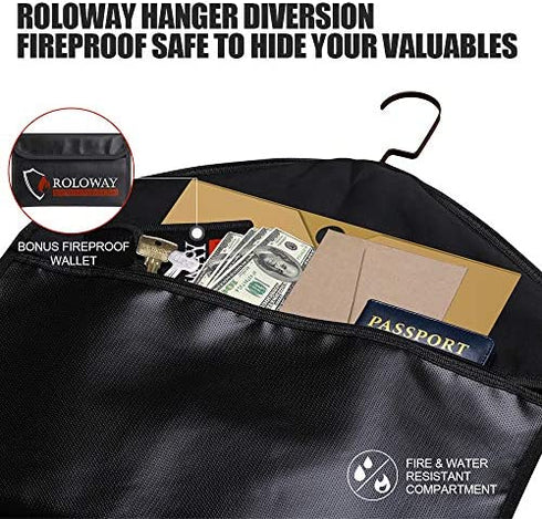 ROLOWAY Hanger Diversion Fireproof Safe with Small Fireproof Bag - Hidden Safe Compartment for Home & Travel - Secret Safe for Money Stash, Cash Hiding - Water Resistant Pocket Safe Under Clothes